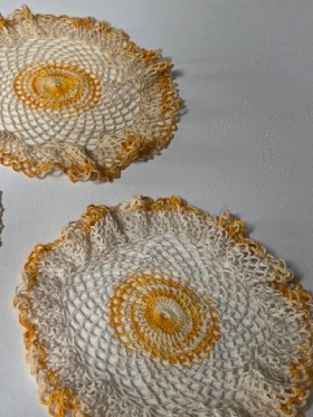 2 Vintage Handmade Cream, Gold & Orange Variations Crochet Doily 10" and 12"